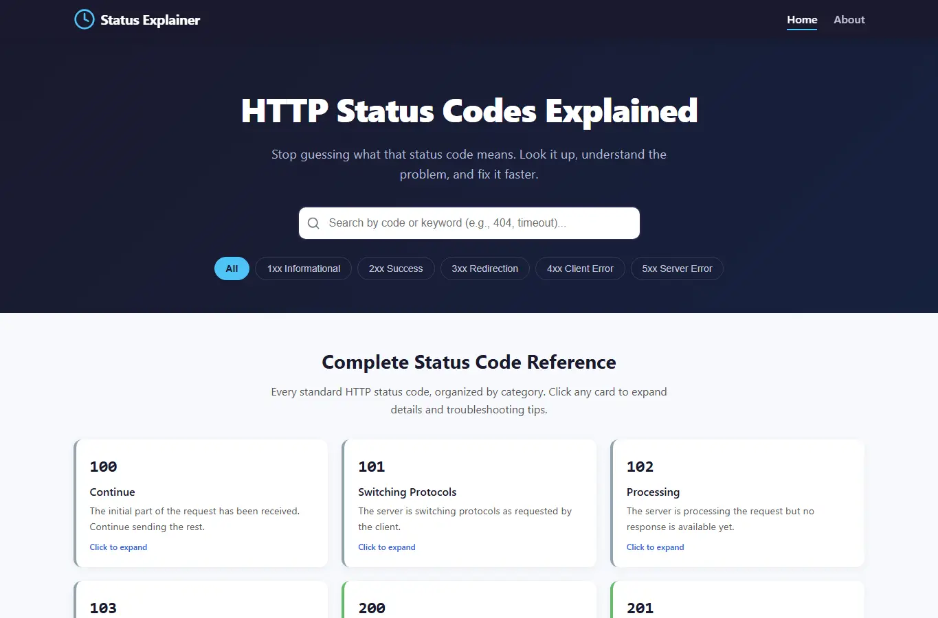 Screenshot of HTTP Status Explainer interface showing the project page in use
